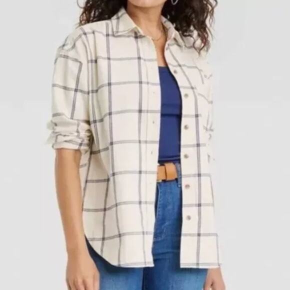 Universal Thread Oversized Flannel Button Down Plaid Blue and Cream S - Picture 1 of 8